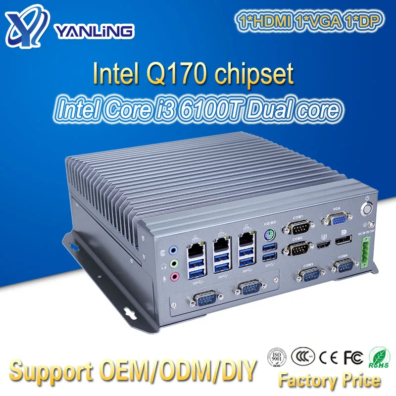 Yanling Intel Core i3 6100T i5 6500T i7 6700T IPC компьютер Intel Q170 Чипсет 9 ~ 36V COM RS485 безвентиляторный промышленный ПК