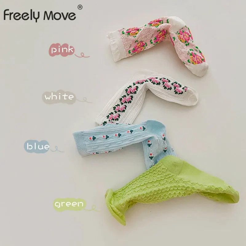 

Freely Move Children's Socks 4Pairs/Lot 2022 Spring Sweet Tea Socks Baby Girl Flower Socks Cotton Bubble Cute Kid's Socks