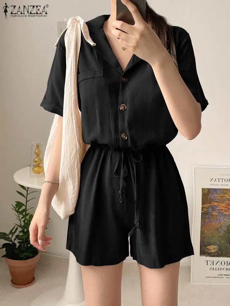 

ZANZEA Women 2022 Summer Playsuit Short Sleeve Casual Loose Overalls Button Up Short Pant Rompers Lapel Pocket Short Jumpsuit