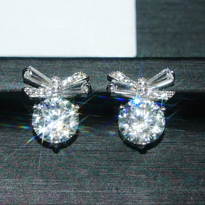 

High Quality S925 Sterling Silver Inlaid Mosonite Bow Studs Earrings For Women Luxury Fine Jewelry