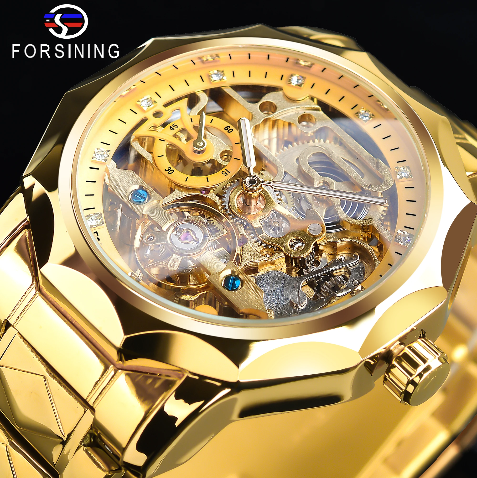 Relógios de pulso mecânico  Forsining Ouro Relógio de Pulso Automático Masculino Esqueleto Relógio Mecânico Luxo Tourbillon Design Relógio Masculino Aço Inoxidável
