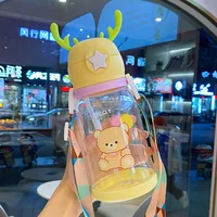 Kids Water Bottle Cute Kawaii Large Capacity 580ml Antler Plastic Straw Water Cup Students Summer Strap Child Go Out Sport Gifts