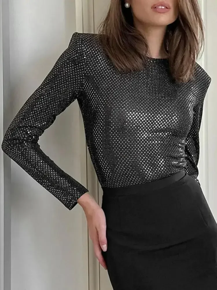Женский топ с блестками Tinaa элегантная облегающая футболка длинными рукавами и