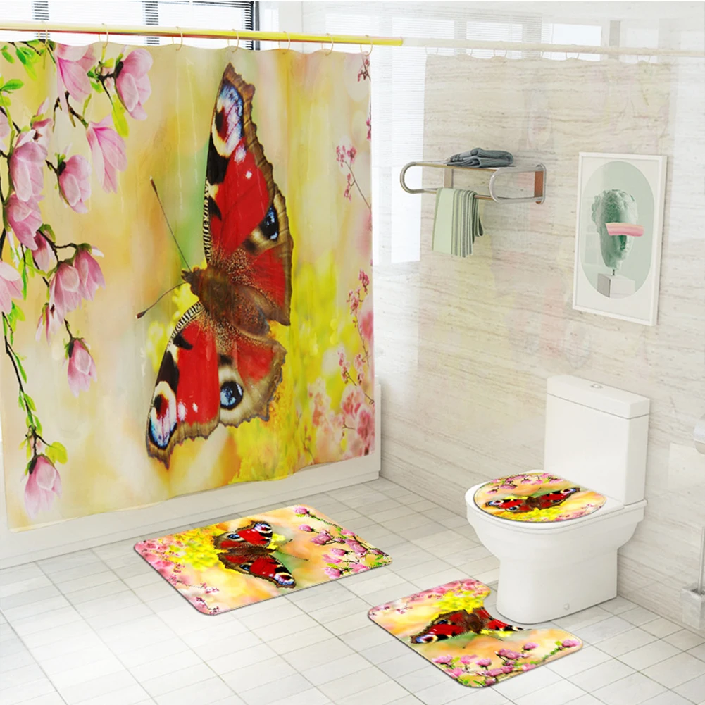 

4 Pieces /set Of New Toilet Accessories Shower Curtain Panel Door Mat 3D Stone Toilet Lid Cover Curtain Seat Cushion Bathroom