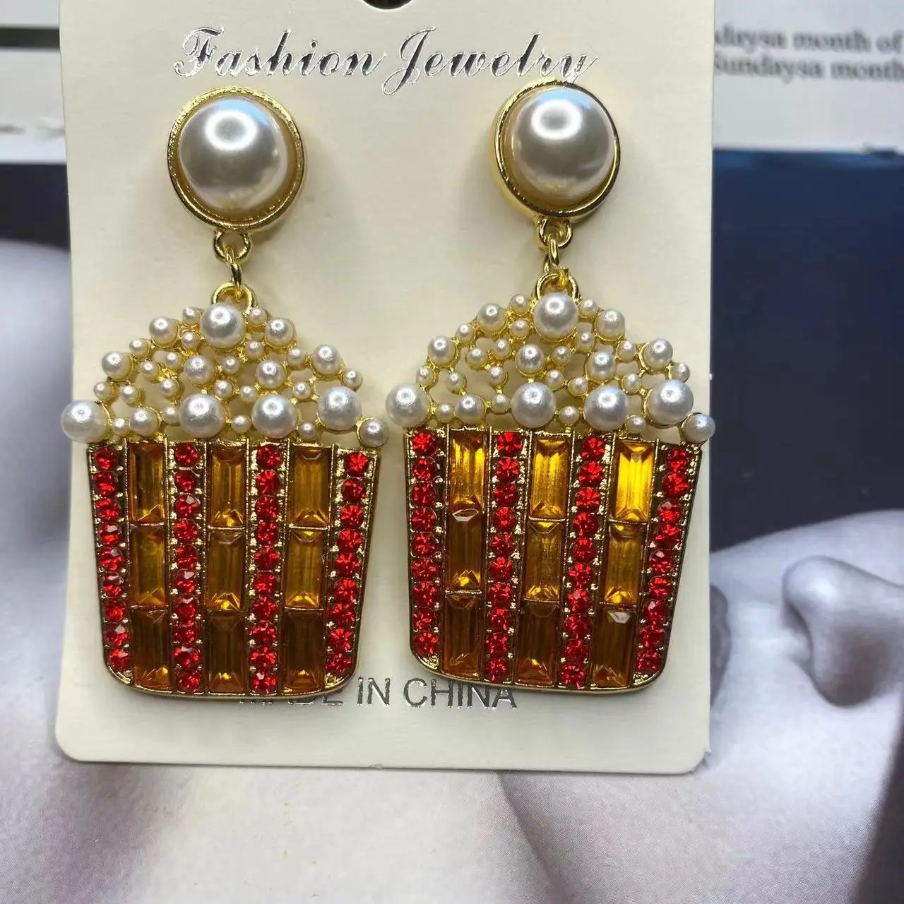 

Personality Cartoon Popcorn Pearl Earrings for Woman Exaggerated Creative Colored Rhiestone Earrings