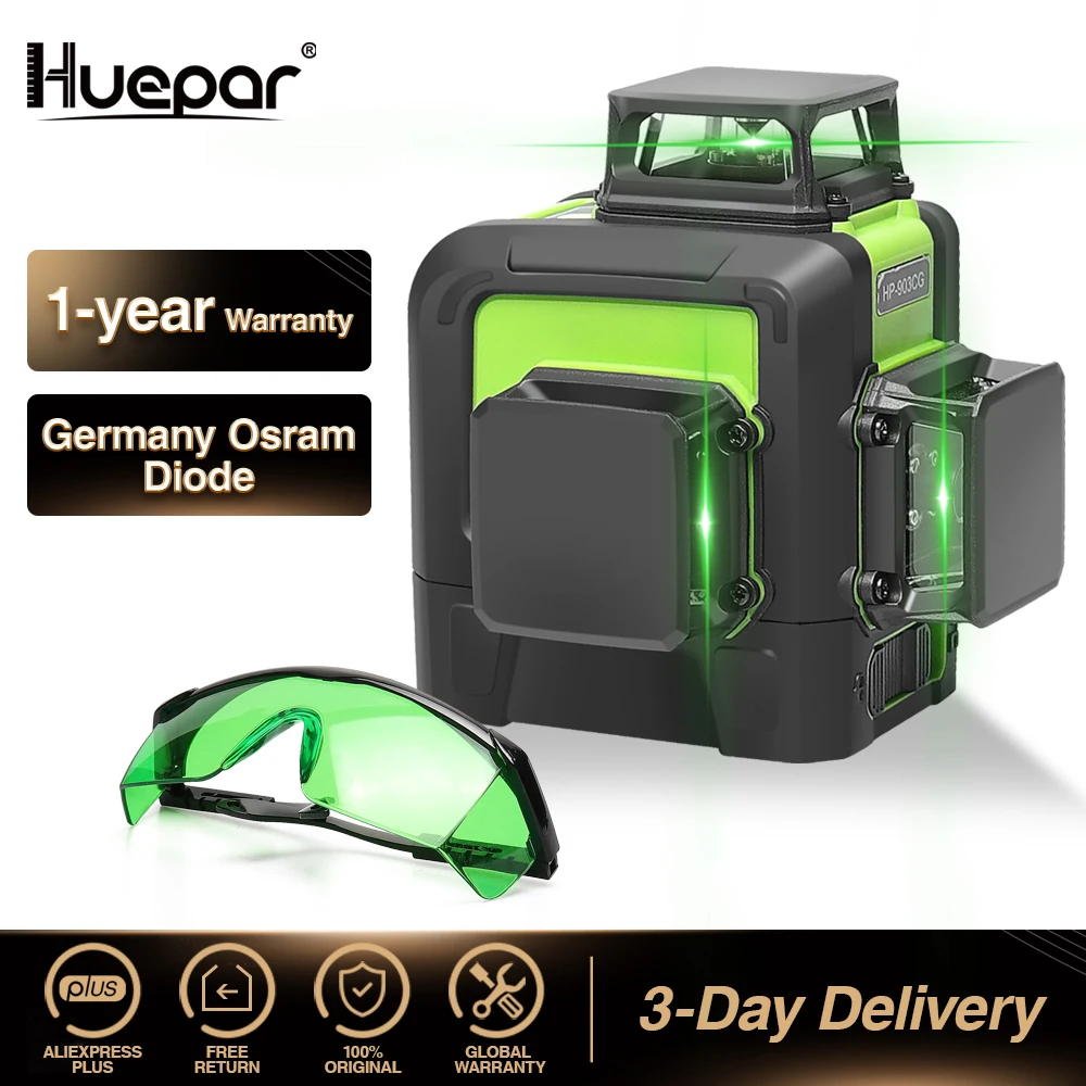 

Huepar 12 Lines 3D Cross Line Laser Level Green Laser Beam Self-Leveling 360 Vertical & Horizontal Laser Enhancement Glasses