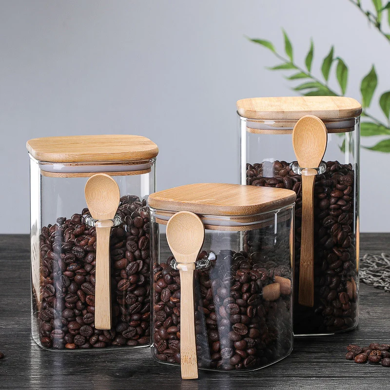 

Airtight Food Storage Jar Coffee Bean Can Spice Sugar Flour Containers with Lid Wooden Spoon Kitchen Glass Bottle Dropshipping