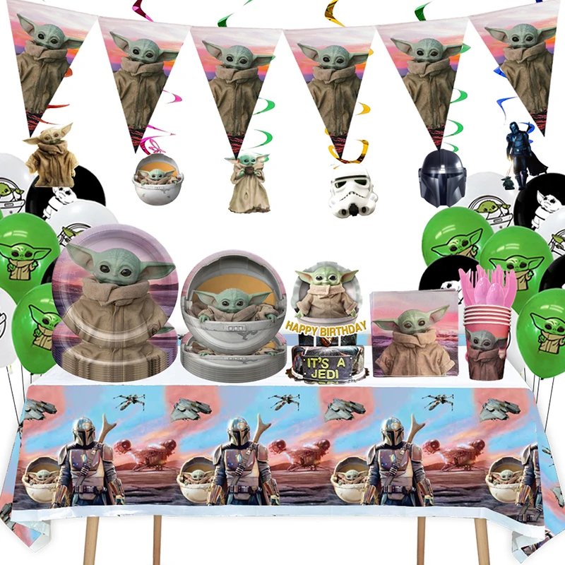Star Wars Yoda Baby Party Decor Cartoon Disposable Tableware Grogu Theme Balloons Paper Plates Cup Birthday Baby Shower Supplies images - 6
