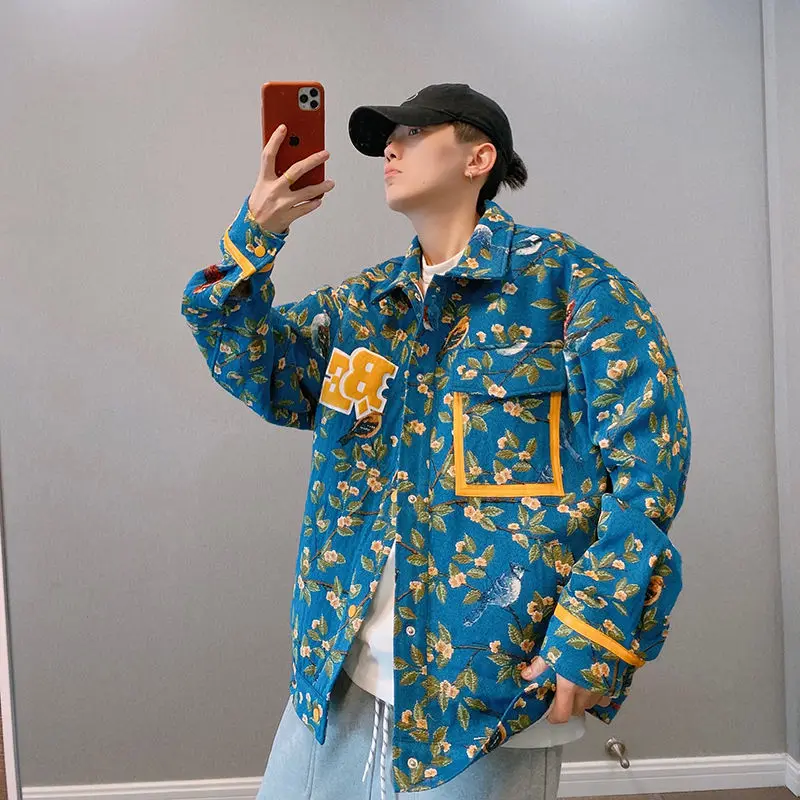 

Harajuku Jackets Male High Street Spring New Flower and Bird Letter Embroidery Coat Couples Casual Cotton Loose Cardigan Jacket