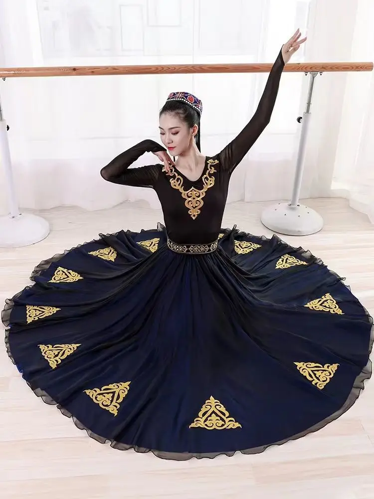 

2023 chinese dance practice skirt set uyghur dance art performance double layer vintage folk dance women xinjiang dance clothing