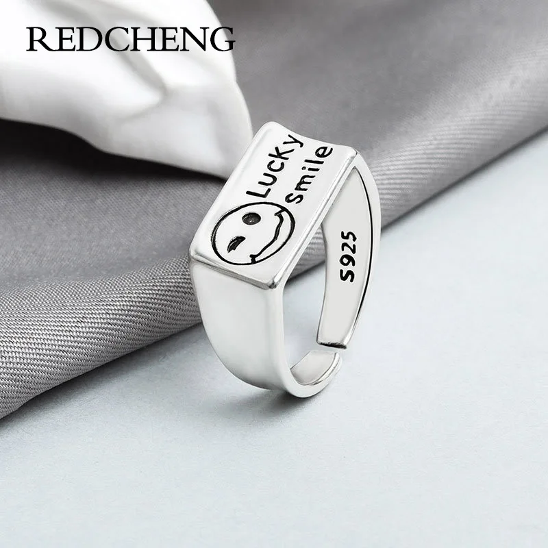 

REDCHENG 925 Sterling Silver Square Smiley Rings for Women Simple Chic Temperament Personality Birthday Jewelry Gifts Adjustable