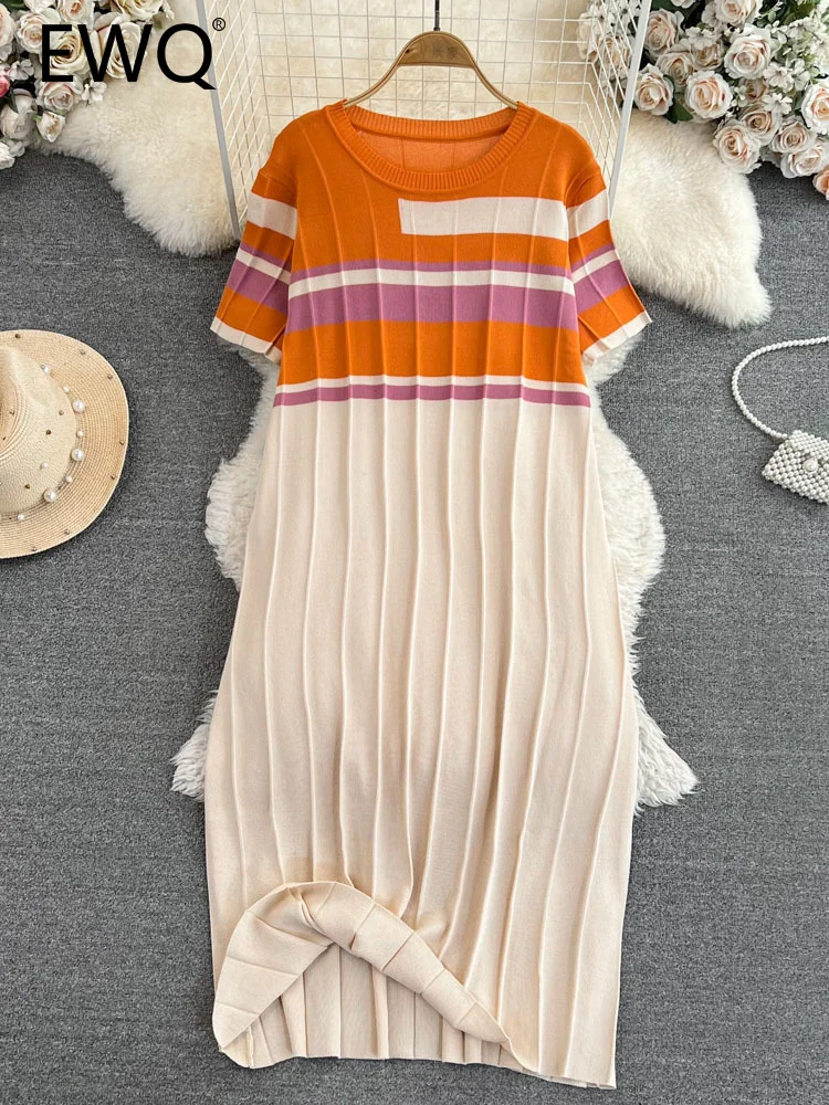 

EWQ Sweet Style Knitted Pleated Contrast Color Print Short-sleeve High Waist Women's Dress 2023 Summer New Dresses 27SN2463