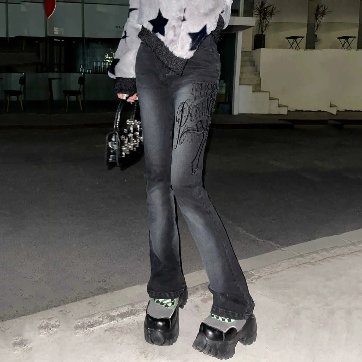 

Джинсы с вышивкой в американском стиле, новинка, женские осенние облегающие прямые длинные брюки с высокой талией для девушек