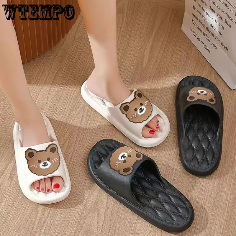 WTEMPO Solid Bear Slippers Cartoon Graffiti Shoes Women Summer Flip-Flops Beach Sandals Thick Platform Soft Casual Home Slippers
