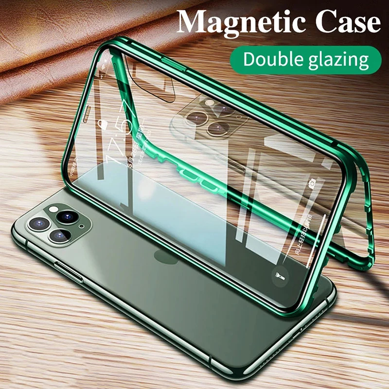 

360 Magnetic Adsorption Metal Case For for iPhone 13 12 11 Pro Max Mini 6 7 8 Plus X XS Max XR SE 2020 Double-Sided Glass Cover