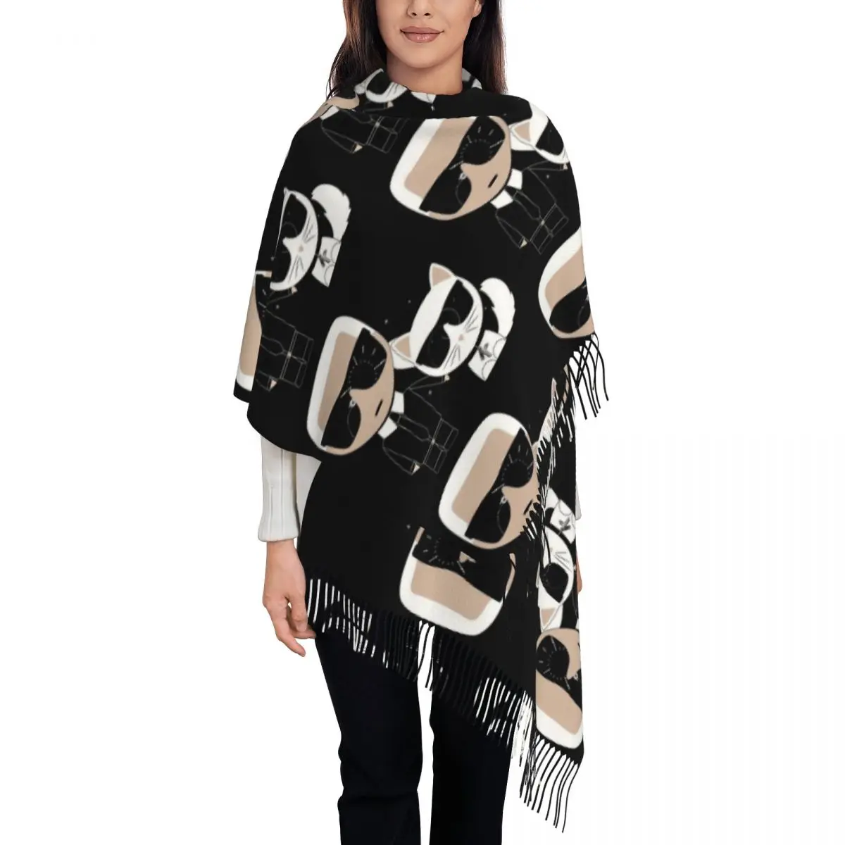 Женский шарф с кисточкой лозунг изображением кота длинная мягкая теплая шаль