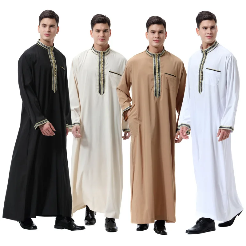 

Stand Collar Appliques Musulman Jubba Thobe Islamic Robe Ramadan Thobe Long Sleeves Kaftan Thawb Abaya Men's Long Dress Clothing