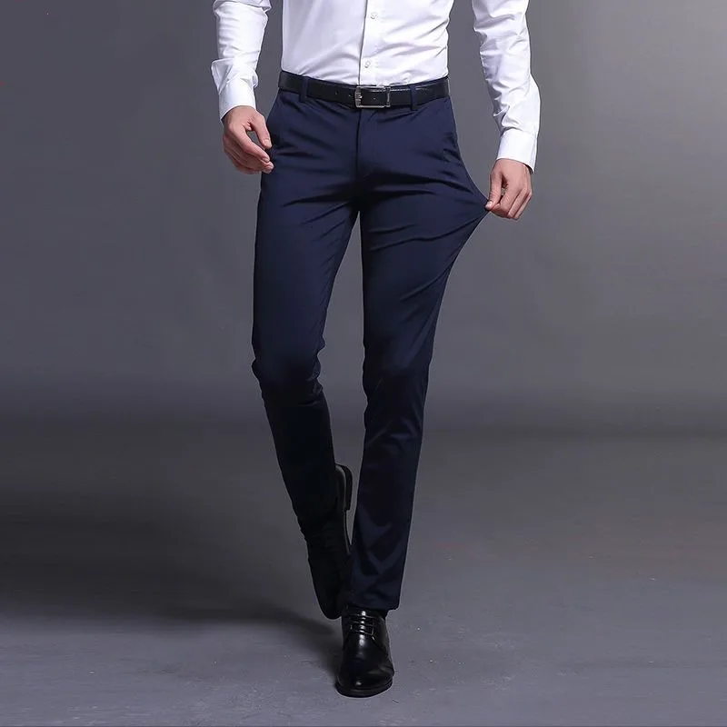 

Business Version Slim Fitting Men's Spring Summer Casual Straight Leg Suit Pants Solid Color Button Pockets Fashion Trousers