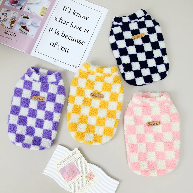 

Клетчатая Одежда для собак, пальто, кавайная флисовая толстая одежда для домашних животных, для маленьких собак, теплая осенне-зимняя тренд...