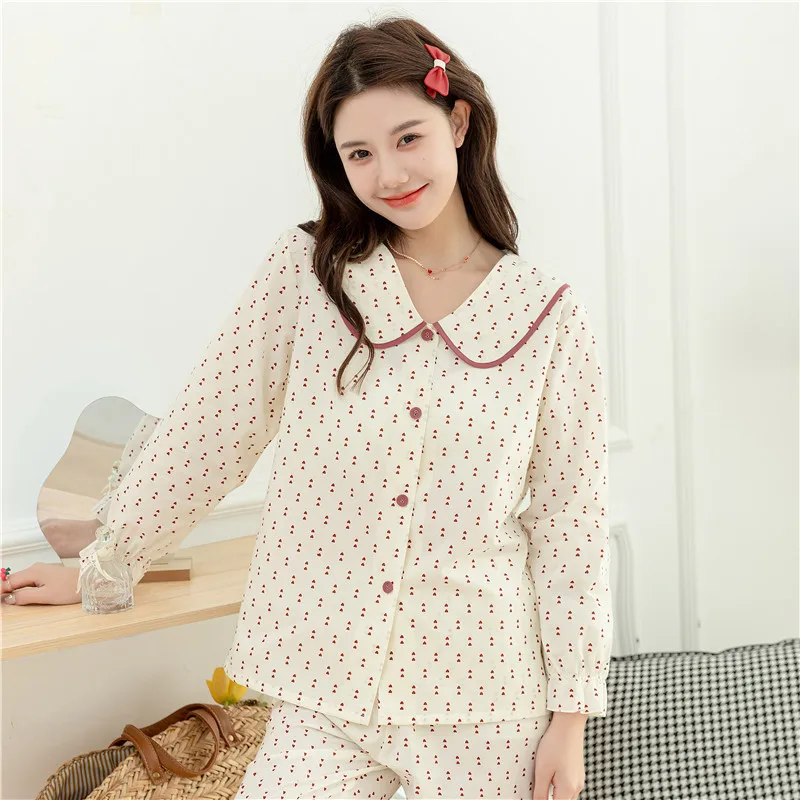 2023 Spring and Summer New Long-Sleeved Trousers Pajamas Suit Women's Cute Love Girl's Home Wear Woven Cotton