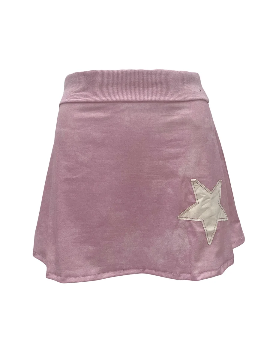 

Women Casual Vintage Skirt Solid Color Embroidery Star Printed Patchwork Short Skirt
