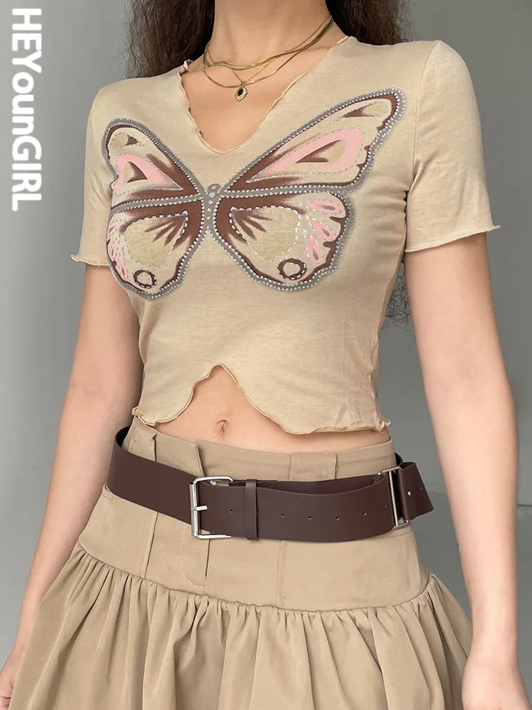 

HEYounGIRL Y2K Butterfly Print Women T-shirt Vintage Casual Summer Short Sleeve Cropped Tops Fashion Streetwear Aesthetic Tee
