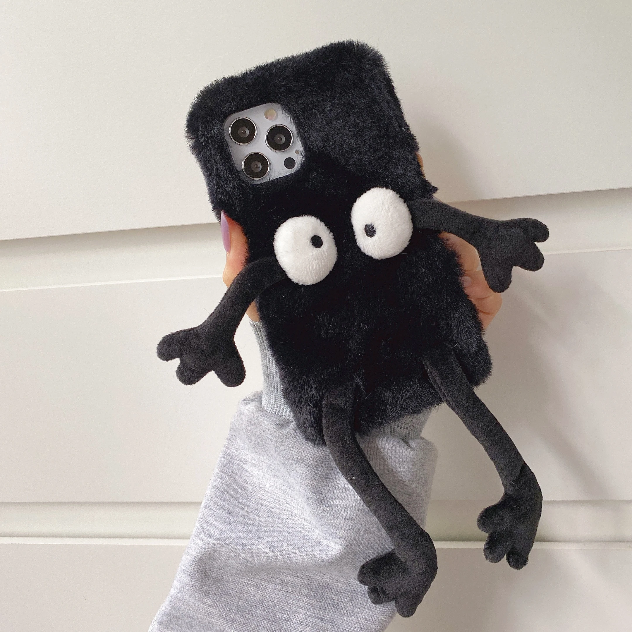 

Funy Black Plush Little monster Phone Case For iPhone 13 12 Mini 11 Pro XS Max SE 2020 X XR 7 8 6 6S Plus lovely Shockproof Case
