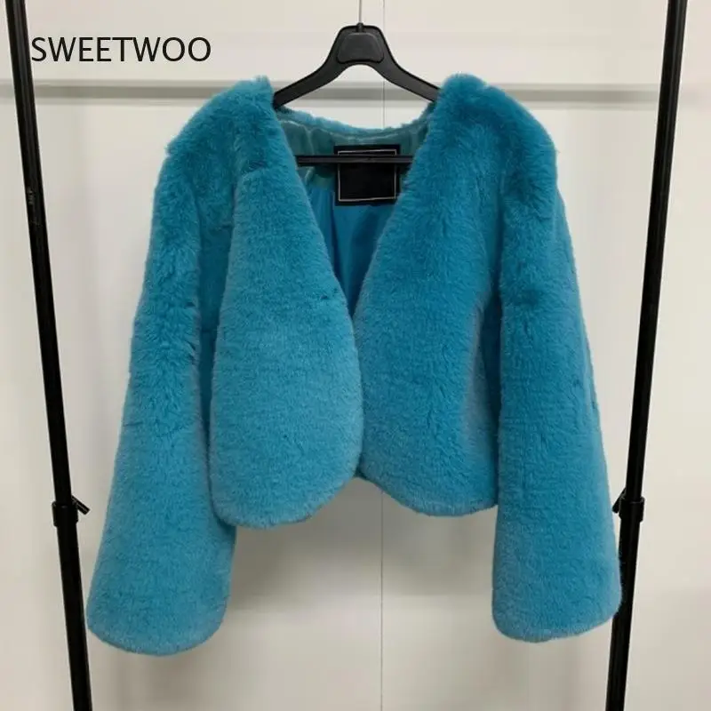 Temperament V Long Sleeve Blue Faux Fur Short Jacket Retro Sexy Slim Crop Cardigan Autumn Winter Clothes Black White Grey Korean