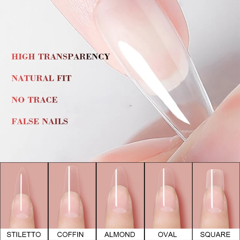

Transparent Fake Nail Acrylic Press on Nails Medium Length Coffin Tips Artifical Fale Nails with Design Clear Tip