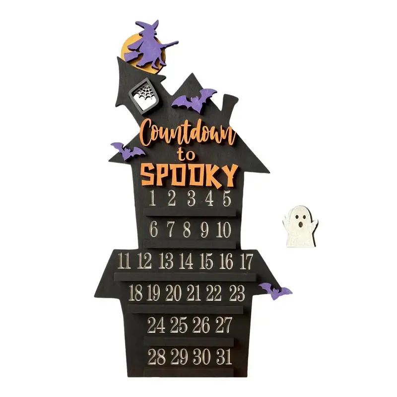 

Halloween Advent Calendar 2023 Wooden Castle Shape Halloween Countdown Removable Calendar Ornament Bat Witch Ghost Decoration