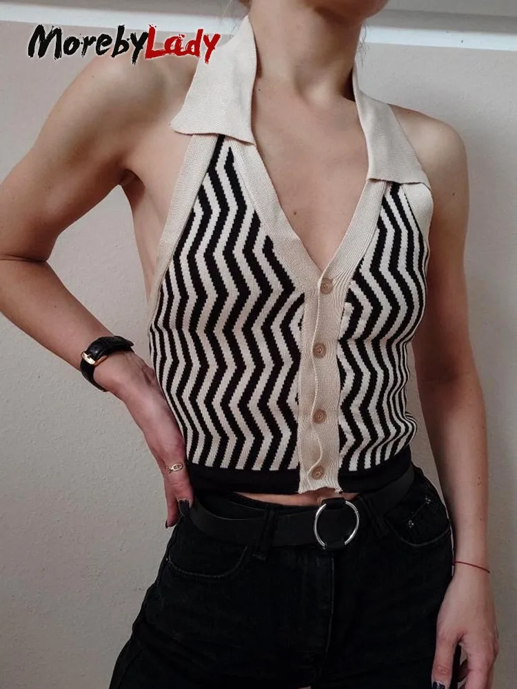 

Сексуальные бандажные трикотажные майки Morebylady летние укороченные топы с открытой спиной корейский Тонкий V-образный вырез без рукавов укороченная Клубная одежда уличная одежда