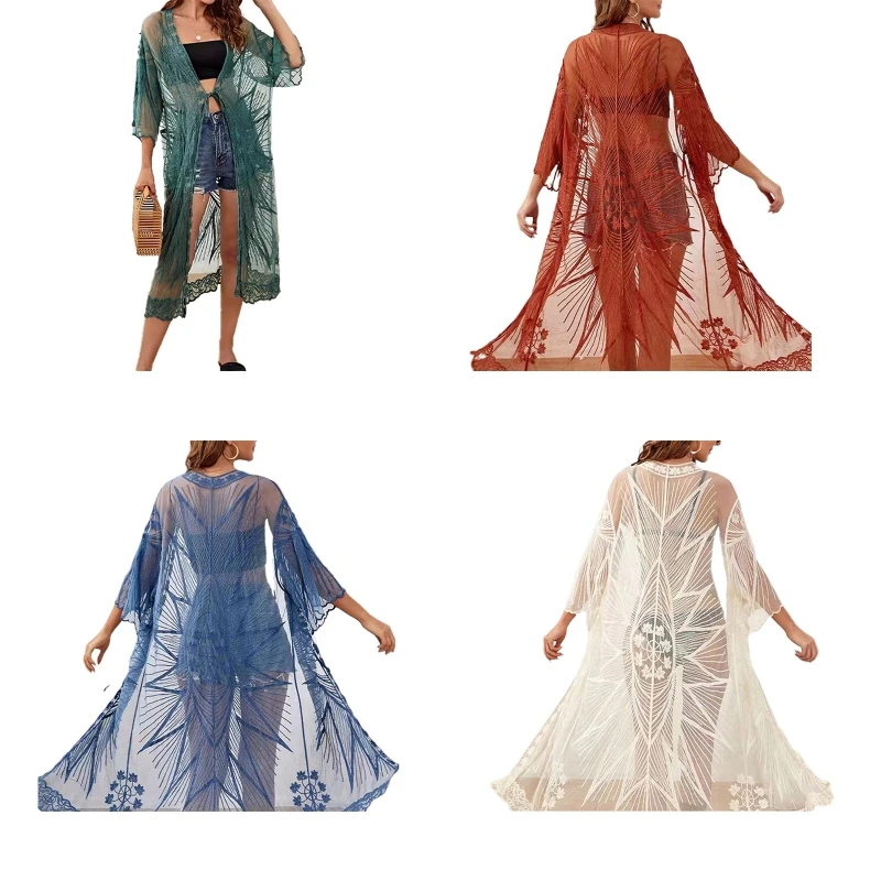 

Women Sexy See-Through Kimono Cardigan Solid Color Floral Lace 3/4 Sleeves Open Front Lace-Up Beach Bikini Cover Up D5QD