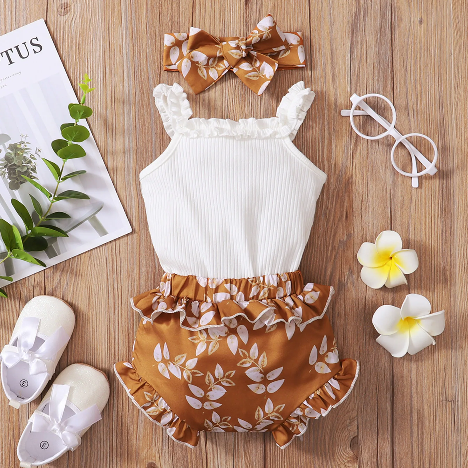 

Infant Baby Girls Clothes Solid Sleeveless Ribbed Suspender Tops Floral Print Shorts Headband Baby Girl Set Casual Baby Costume