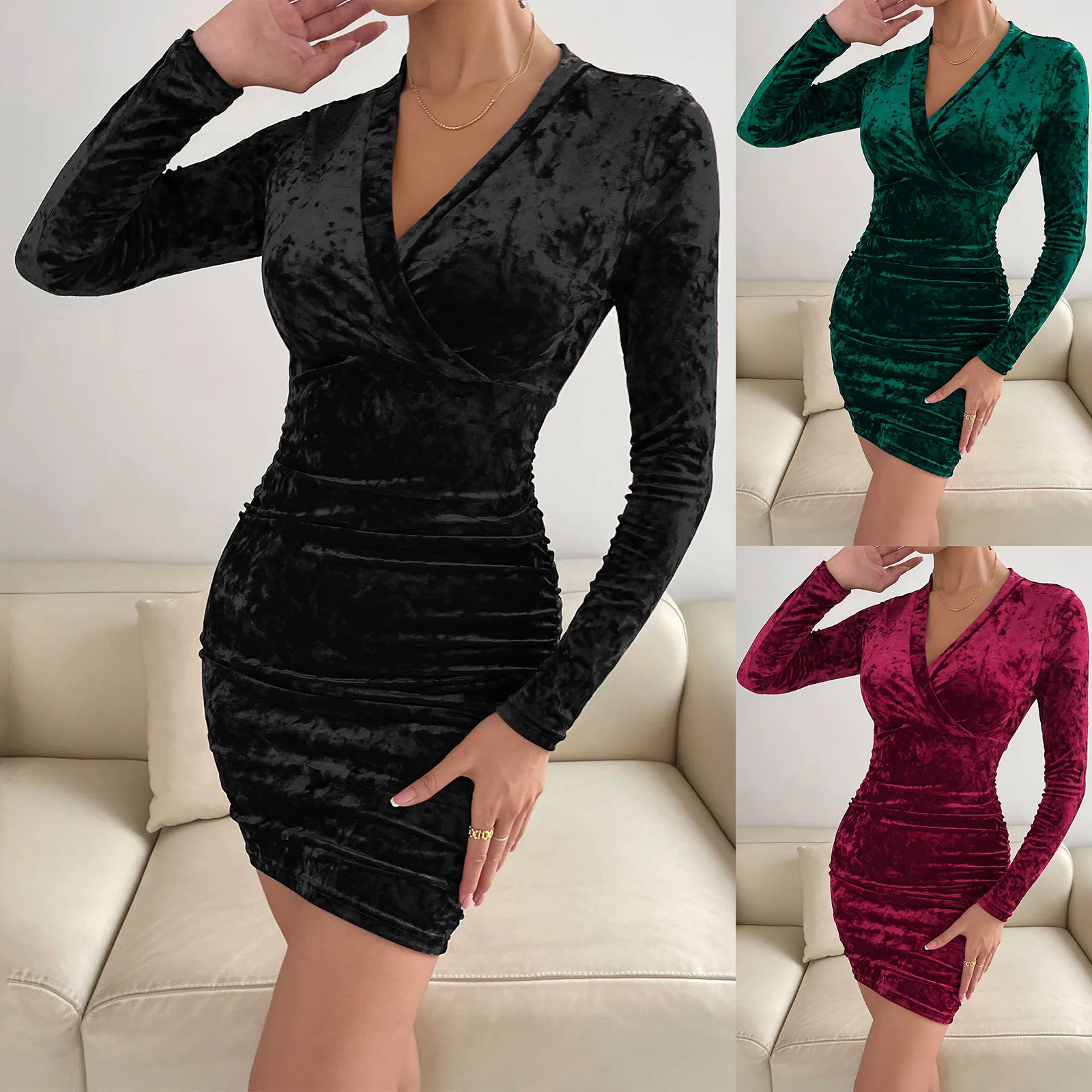 

Women's Vintage Faux Wrap V Neck 3 4 Sleeve Formal Party Work Casual Jean Dresses for Women Black Open Back Dress for Women