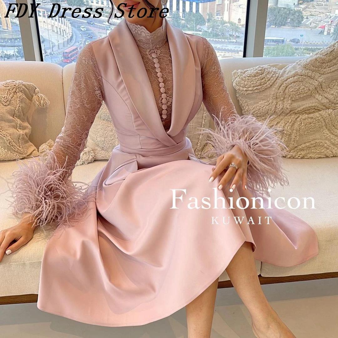 

2023 New Long Sleeves Prom Dresses O-Neck Lace Feathers Tea Length Formal Occasion Dress Evening Dress for Women