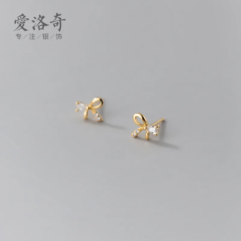 

925Silver Women's Korean-Style Simple and Fresh Hollow Bow Stud Earrings Sweet and Diamond Mounted Earrings
