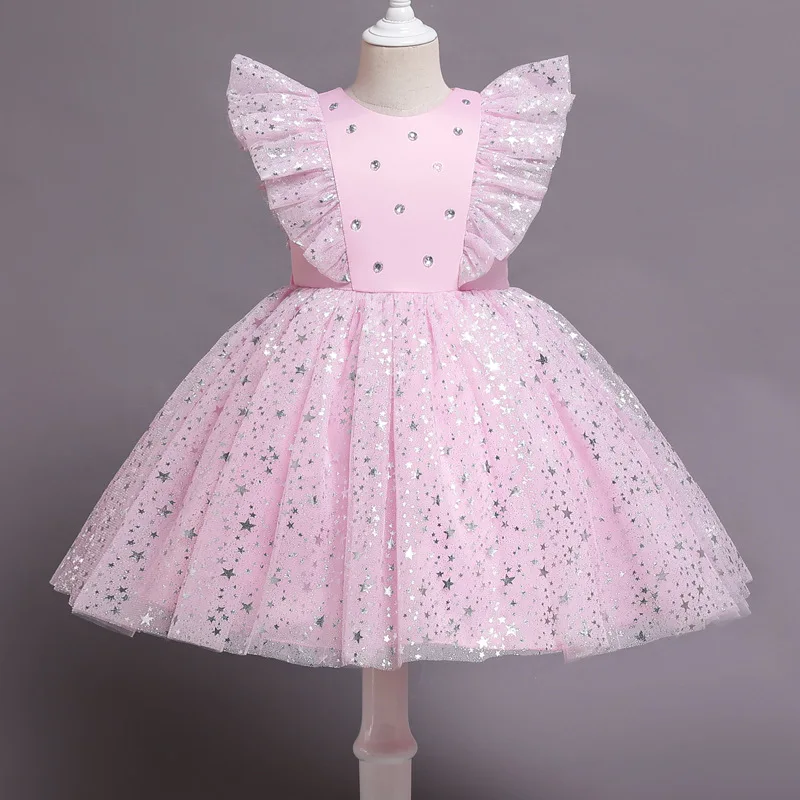 

Summer 2022 New Arrivals Girls Sleeveless O Neck Sparklu Sequins Pink Blue Roupa Infantil Menina Cute Party Dress Custume 1-4t