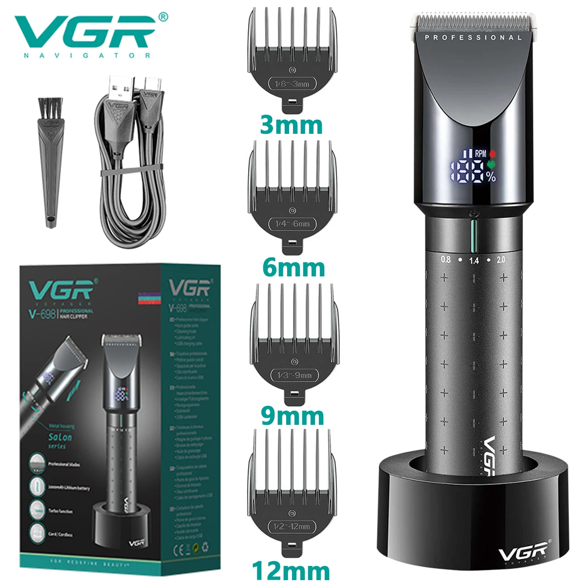 

Машинка для стрижки волос VGR, профессиональный триммер для волос, беспроводная металлическая оболочка