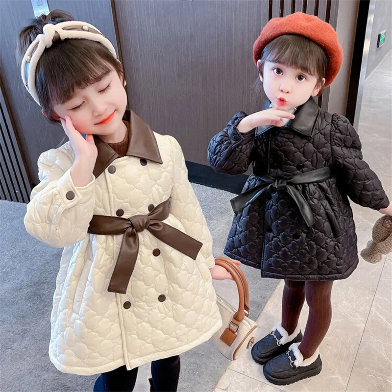 

Пальто для девочек, куртка, хлопковая верхняя одежда, пальто 2023, с поясом, теплая плотная бархатная зимняя детская одежда больших размеров