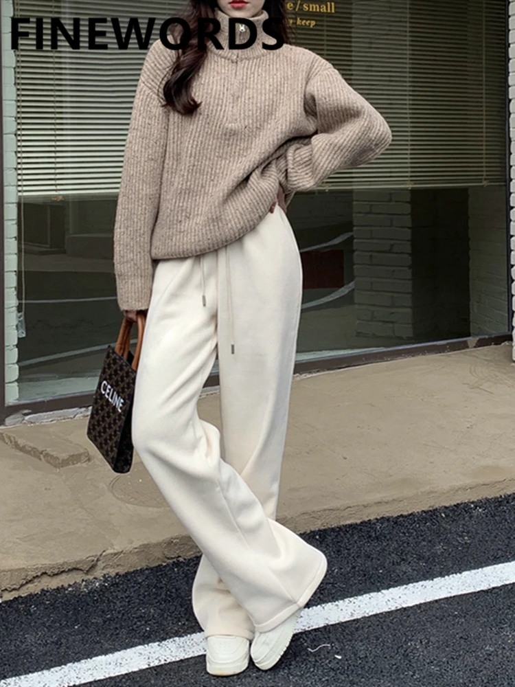 

FINEWORDS Spring Loose Knitted Cotton Korean Pants Women Casual Streetwear Wide Leg Pants Vintage Elastic Waist Beige Sweatpants
