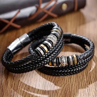 fashion stainless steel charm magnetic black men bracelet leather braided rope punk rock bangles jewelry wholesale accessories