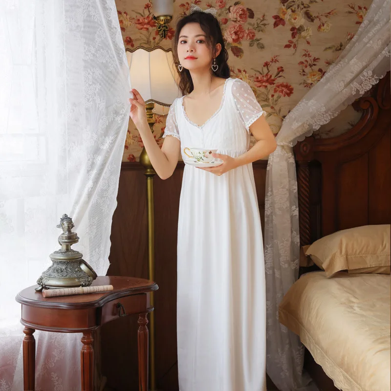 

Romantic Cotton Night Dress Women White Fairy Sexy Lace Short Sleeve Long Peignoir Vintage Victorian Nightgown Nightie Sleepwear