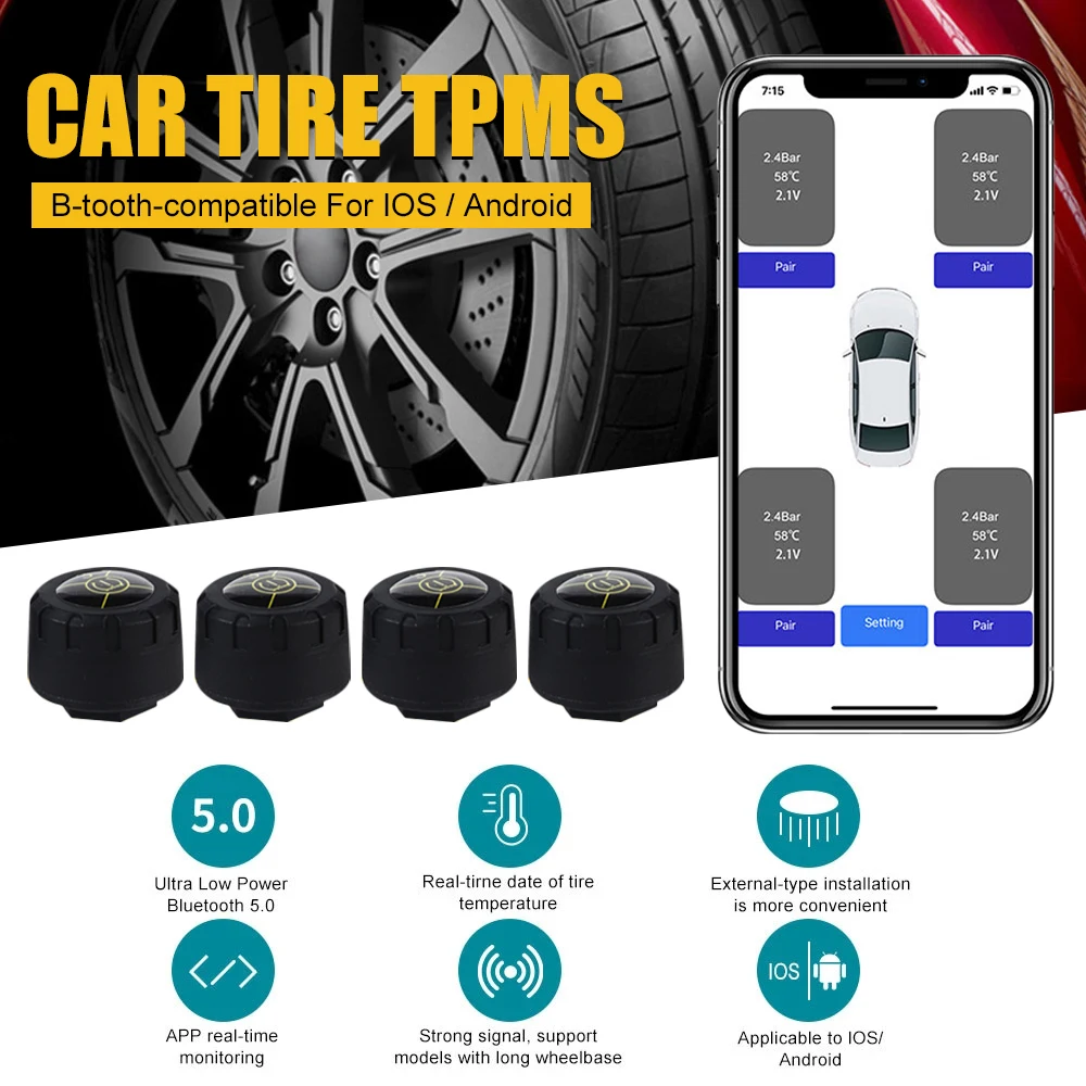 

Smart TPMS Car Tire Pressure Alarm Monitor System Mobile App Display Auto Security Alarm System Pressure Temperature Warning