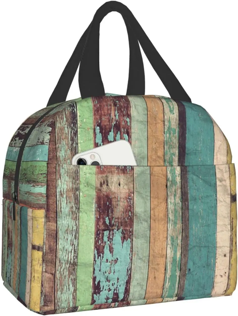 

Винтажные деревянные полосатые сумки для ланча для женщин, Портативная сумка-холодильник, большая многоразовая Изолированная коробка для ...