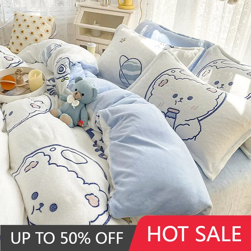 

cute warm style bedding set full size winter fluffy aesthetic design bedding set plush artistic couvre lit bed set furniture