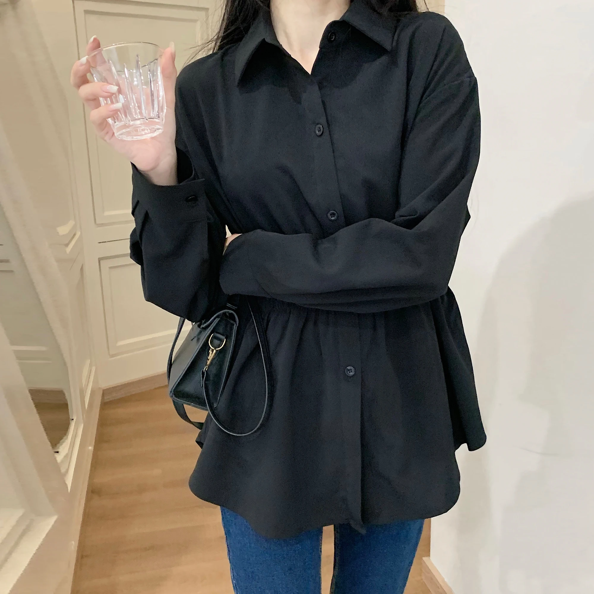 Женская Элегантная блузка в Корейском стиле милые рубашки с длинным рукавом для