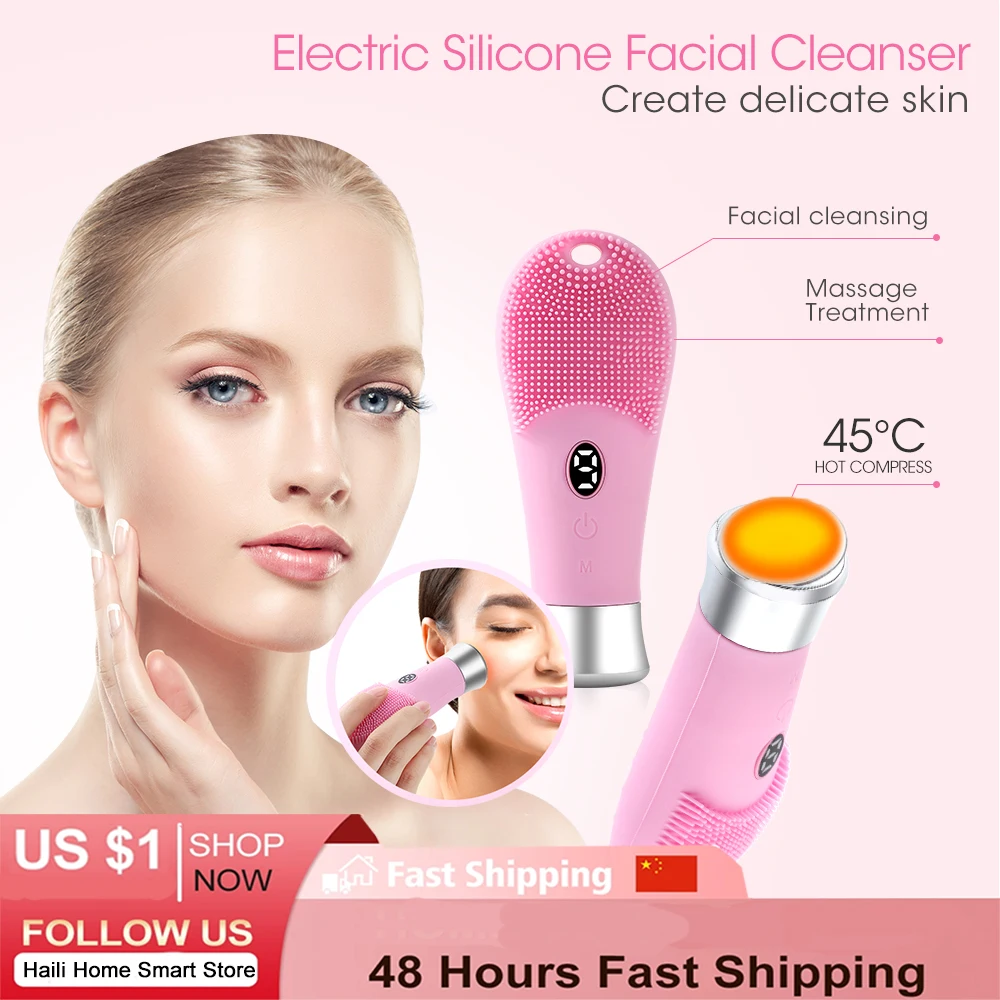 

Electric Facial Cleanser Silicone Heat Clean Massager Brush Face Pore Sonic Deep Blackhead Washing Makeup Remover Foaming Brush