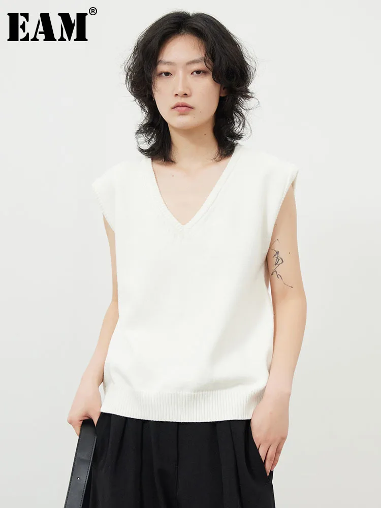 

[EAM] Women White Knitting Hollow Out Ribbon Loose Fit Vest New V-collar Sleeveless Fashion Tide Spring Summer 2023 1DF9088