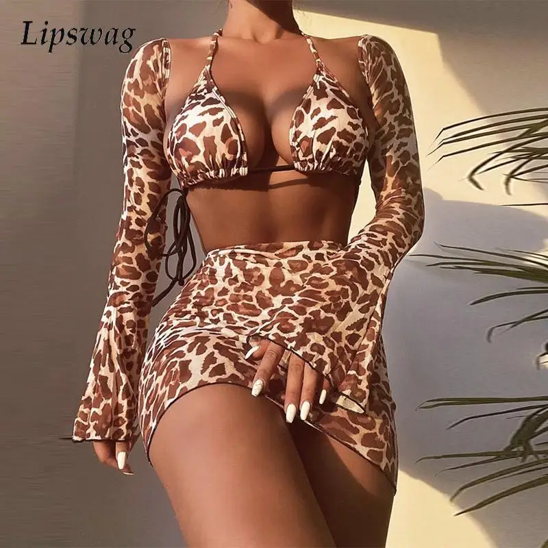 

Summer Leopard Print Mesh Four-Piece Bikini Set Women Long Sleeve Swimsuit With Skirt 2022 Sexy Bandage Beachwear Bathing Suits