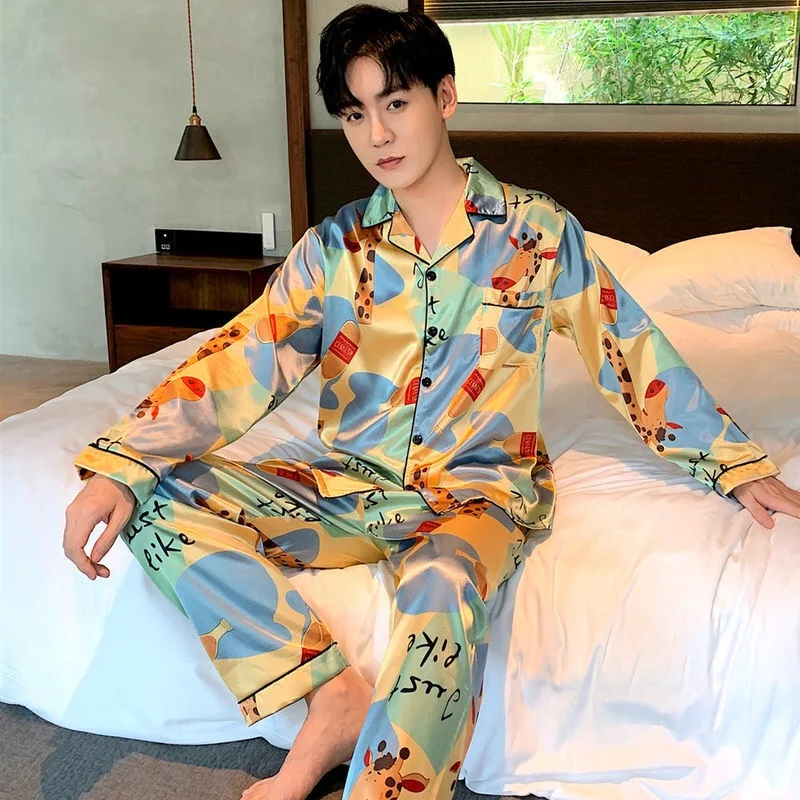 Mens Silk Satin Pyjamas Set Long Sleeve Sleepwear Pajama Autumn Spring Homewear Plus Size L-5XL pajamas for men  pajama set